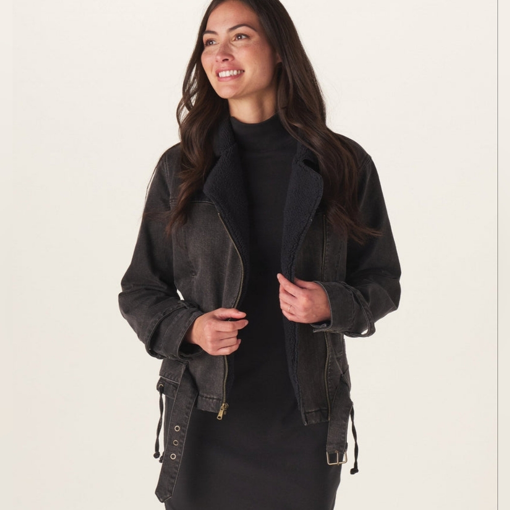 The Normal Brand Denim Moto Jacket Coat Motor Motorcycle Black Medium Sherpa